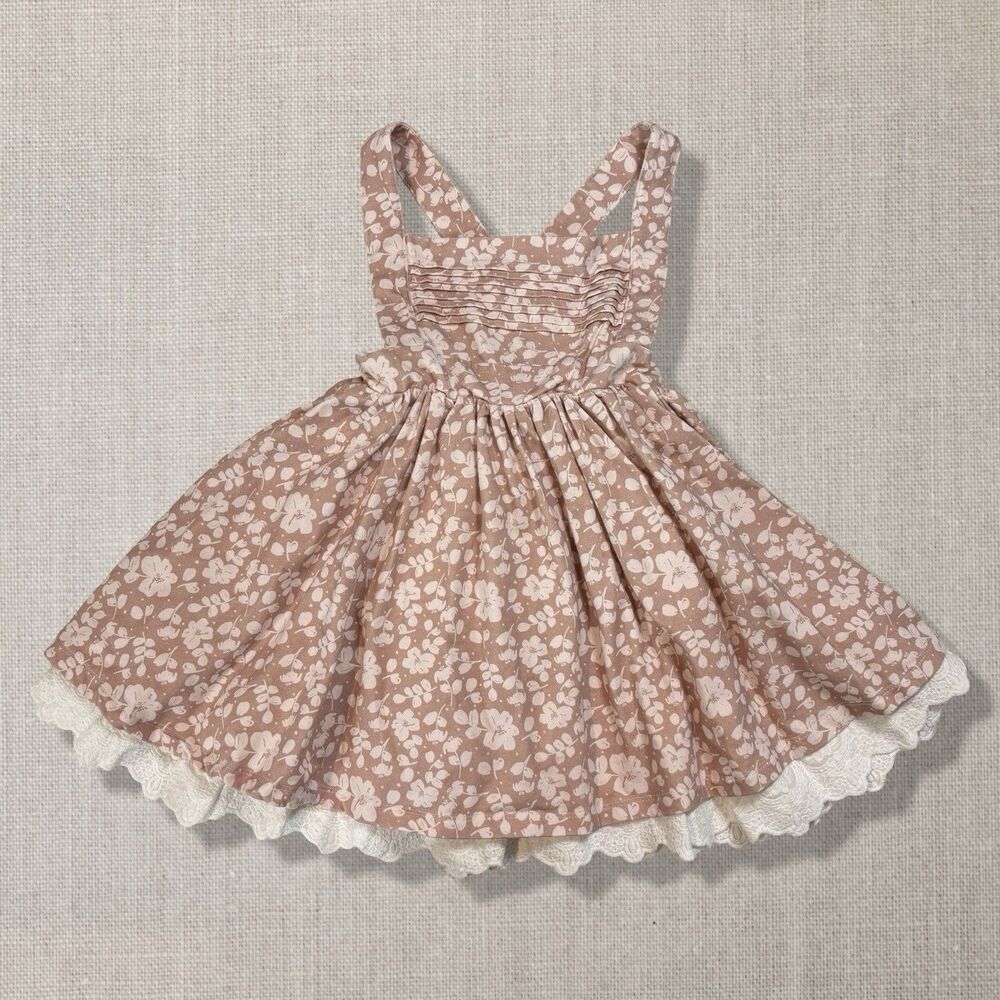 Girls Floral Pinafore Dress with Lace Trim - Dusty Rose